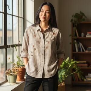 Teddi Embroidered Leaf Button Down Shirt Size L Fall Autumn